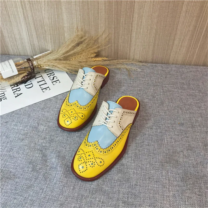 2020 Summer Slides Women's Shoes Carved Round Toe Flats Heel Brogues Mules Shallow Mouth Color Block Oxford Shoes Slippers Women (18)