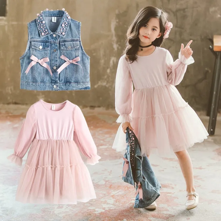 

2019 New Style Girls Spring Clothing Denim Waistcoat Dress Two-Piece Set CHILDREN'S Suit Little Girl Clothes Spring And Autumn