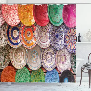 

Moroccan Shower Curtain, Traditional Handcrafted Colorful Plates Shot at The Market in Marrakesh Fabric Bathroom Decor Set with