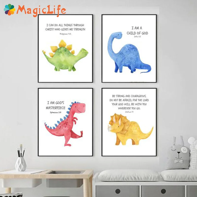 

Cute Animal wall art canvas painting Dinosaur Modern nursery Quote posters and prints wall pictures for living room unframed