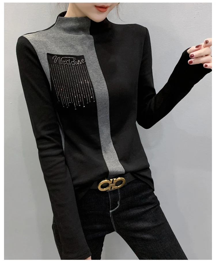 Blusas Mujer De Moda, Корейская тонкая рубашка с длинным рукавом для женщин, модные офисные женские топы, повседневные топы с круглым вырезом и стразами 7840 50