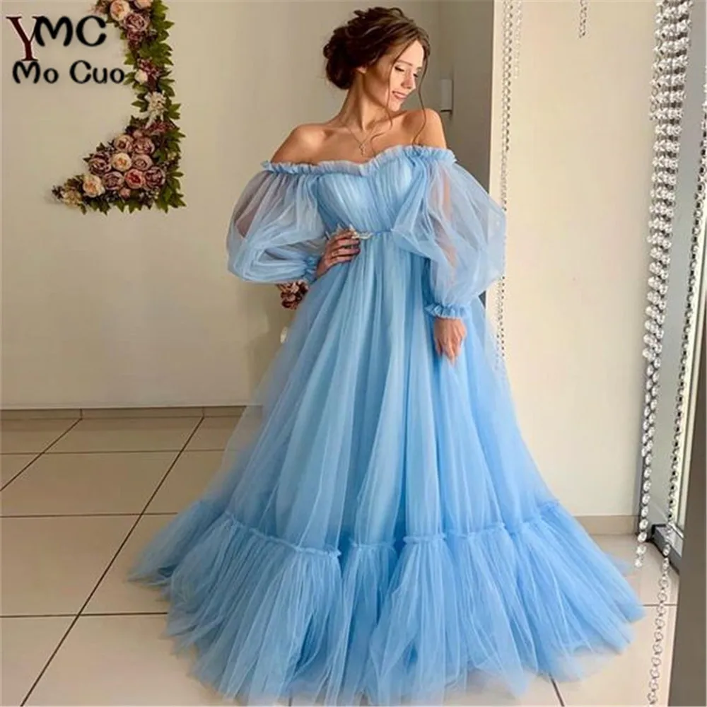 2019 Sky Blue Prom Dresses Sweetheart A Line Poet Long Sleeves Formal Evening Gowns Floor Length Plus Size vestidos de fiest (2)