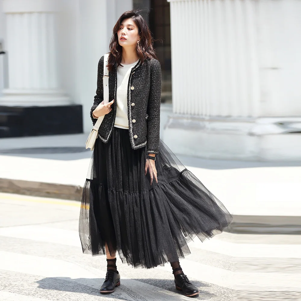 

[Morihiro] 19 Spring And Autumn Network Mesh Dress Women's Three Layer Air Sense Retro Elegant Half-length Medium-length Mesh Dr