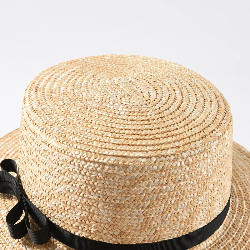Flat straw hat spring summer ladies 5cm 7cm 9cm wide brim boater hat vacation sunshade beach With black bowknot beach hat,women sun hat