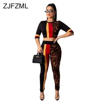 

Leopard Stripes Sexy Two Piece Tracksuits Womens Set O-Neck Long Sleeve Crop Tops and Skinny Long Pants Clubwear Matching Set