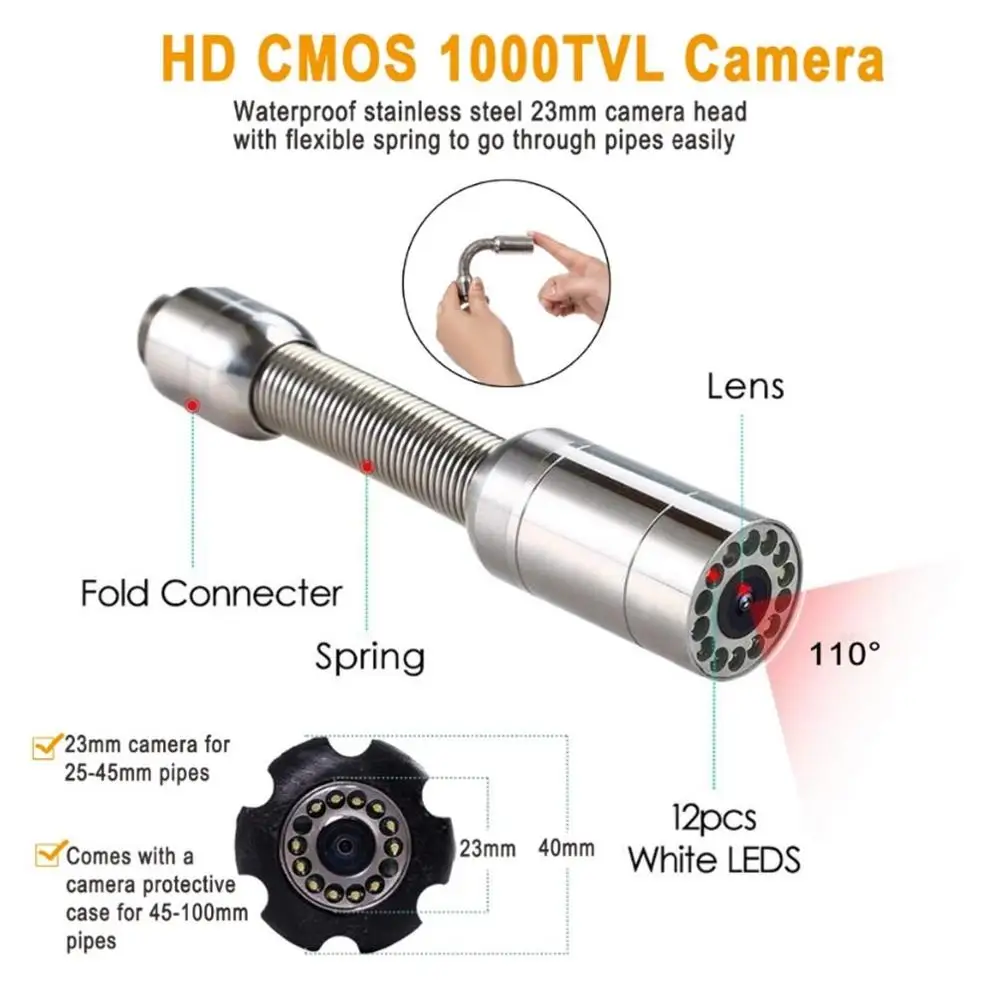 

23mm Endoscope Industrial Sewer Drain Video Camera Used For Pipeline Inspection System, With 12pcs White LEDS Waterproof IP68