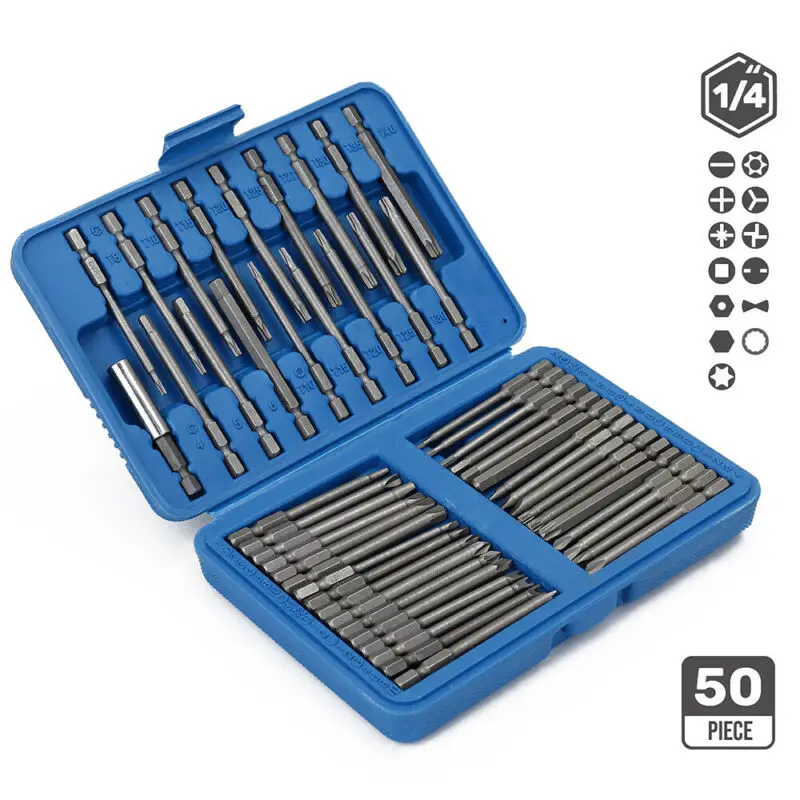 

50pcs Drill Bits 1/4\\\" 75mm Chrome Vanadium Steel Extra Long Reach Screwdriver Bits Kit With Box