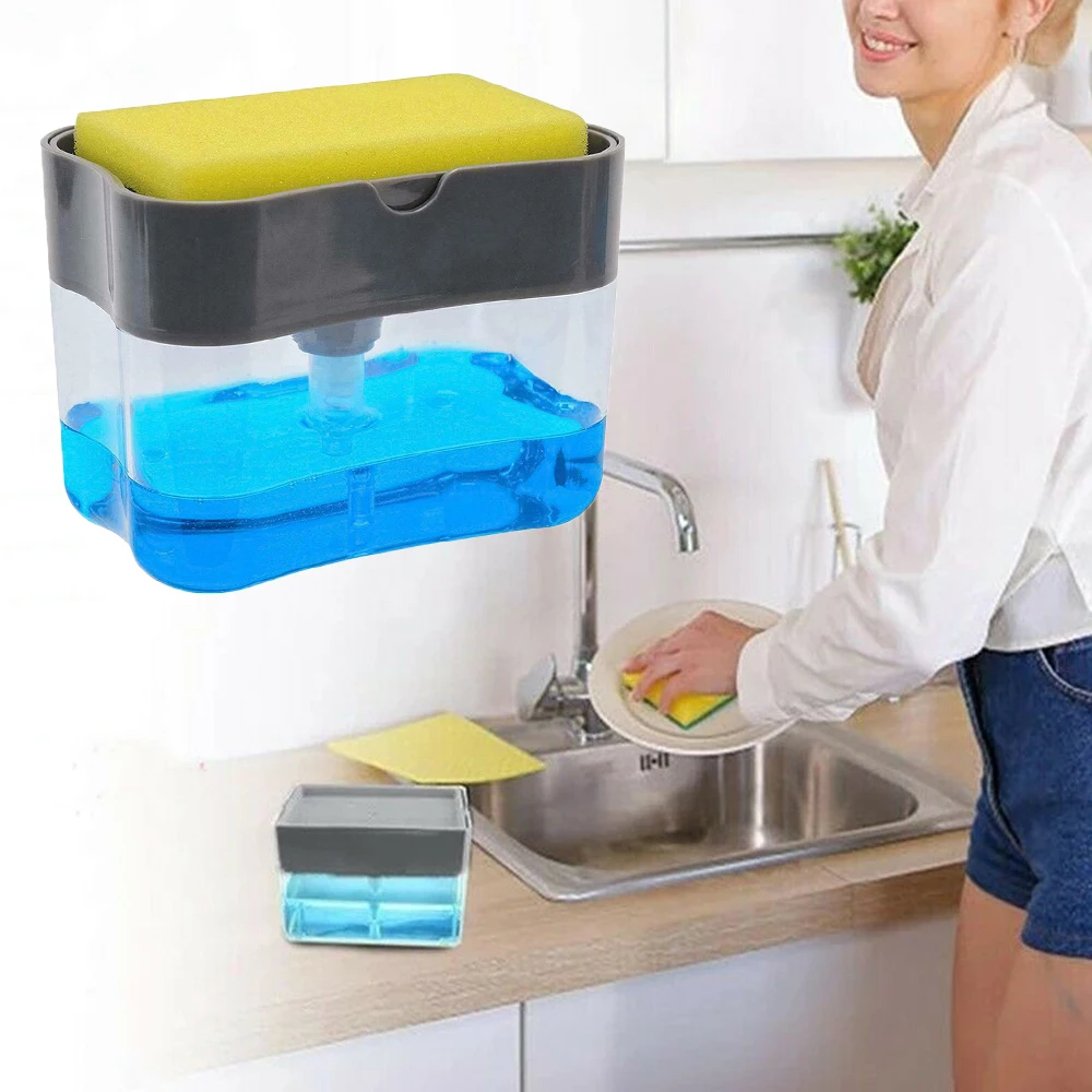 Kitchen Dish Soap Pump Dispenser with Sponge Holder 2-in-1 Press Countertop Rack