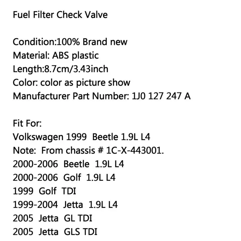 New 1.9 TDI Diesel Fuel Filter Check Valve For 1999-2005 Beetle Golf Jetta