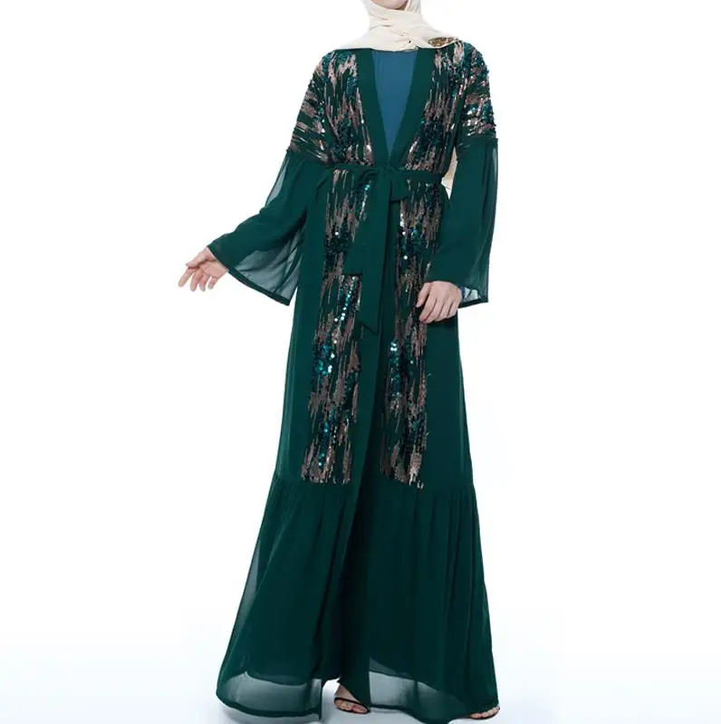 Green cardigan Eid блесток абайя кимоно мусульманский кардиган платье хиджаб абайя s для Женский Восточный халат Дубай Оман кафтан молитва турецкая исламская одежда - Цвет: Green cardigan