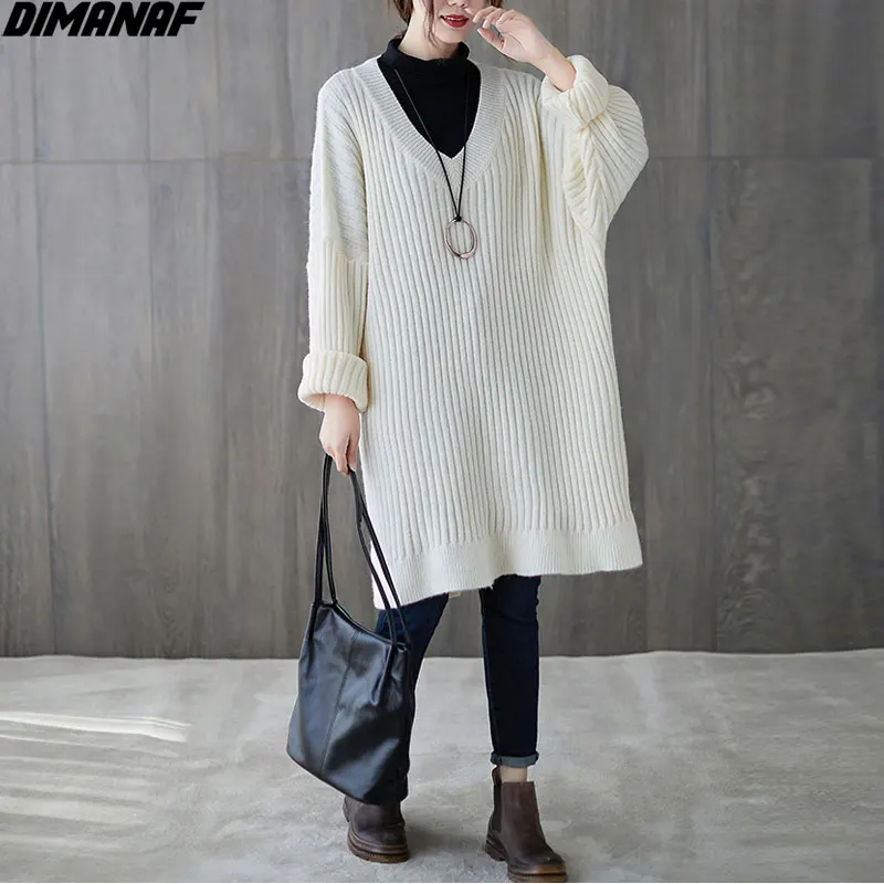 

DIMANAF 2020 Plus Size Dress Knitting Women Autumn Long Sleeve Striped Print V-Neck Loose Casual Style Sweaters Oversize Dresses