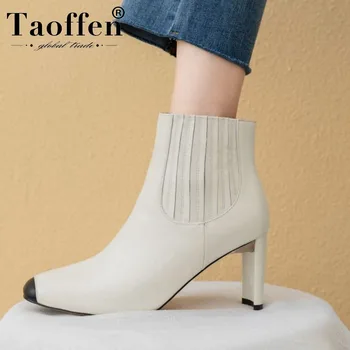 

Taoffen Women Genuine Leather Chelsea Boots Solid Color Office Ladies Thin High Heels Shoes Women Botas Footwear Size 33-42