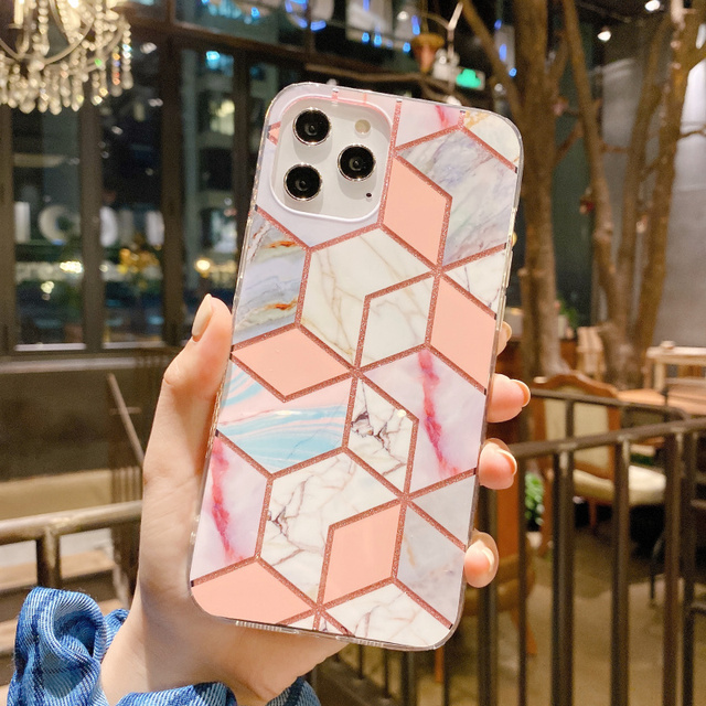 Luxury Rose Geometric Marble Soft Phone Case For Iphone 12 Mini 11 13 Pro XS MAX X XR SE 2020 7 8 Plus Shockproof Cover