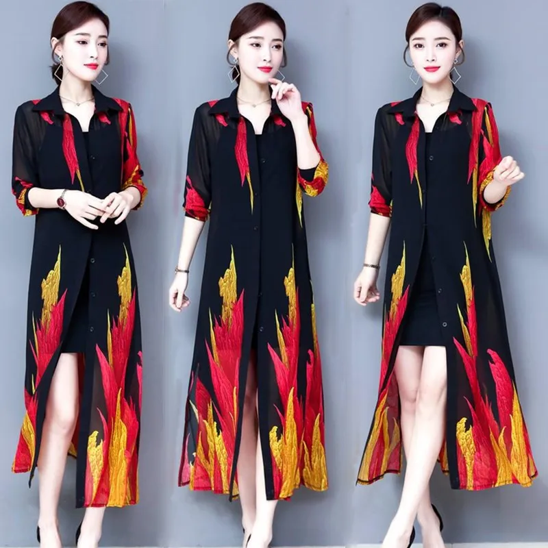 TingYiLi Summer Cardigan Long Chiffon Blouse Shirt Korean Elegant Long Sleeve Ethnic Print Kinomo Cardigan Women 6