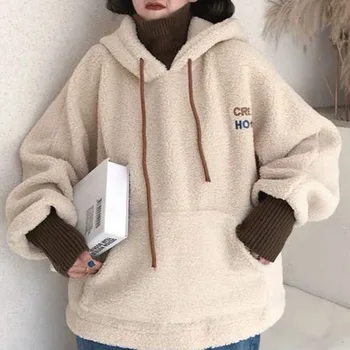 

Japanese Style Winter Cashmere Thickened Hooded Sweatshirt Women's Fashion Letter Embroidery Harajuku Loose Tops Hooded Coats