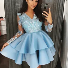 Элегантное платье для выпускного вечера А-силуэта/принцесса атласное с v-образным вырезом с длинным рукавом Аппликация Короткие/Мини платья для вечерние