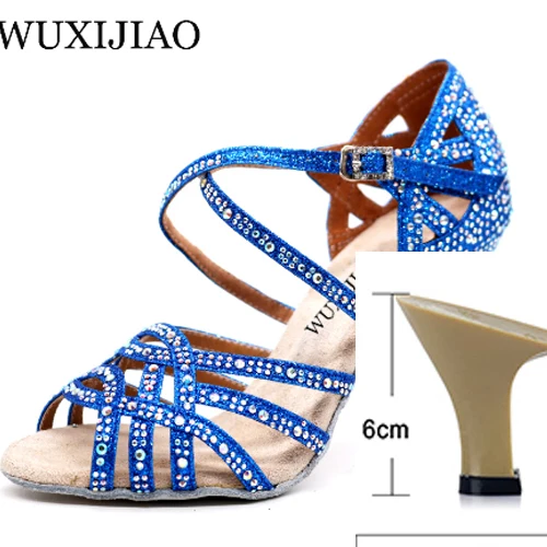 Blue heel 6cm WUXIJIAO/серебристые и Синие стразы; обувь для латинских танцев; женская Обувь для бальных танцев; обувь для вальса на высоком каблуке 9 см; Лидер продаж - Цвет: Blue heel 6cm