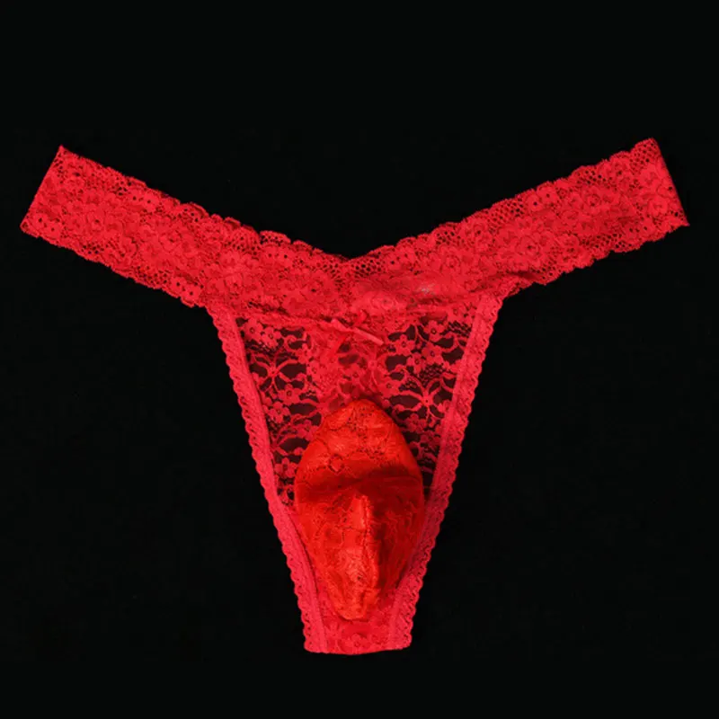 Sexy Men Lace Convex Pouch G-string COCK Ring Sexy Thong Hollow Out Sheer Underwear T-back Erotic Lingerie Gay Wear Plus Size F1