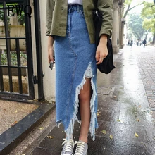 [EWQ] весна осень узор высокая Талия деним лоскутное карманы Асимметричный высокий уличный AH00505.3XL