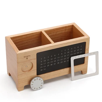 

Office Home Desk Organizer Pen Pencil Holder Ornaments With Calendar Rectangular Two Grids Storage Box Practical Gift Wooden