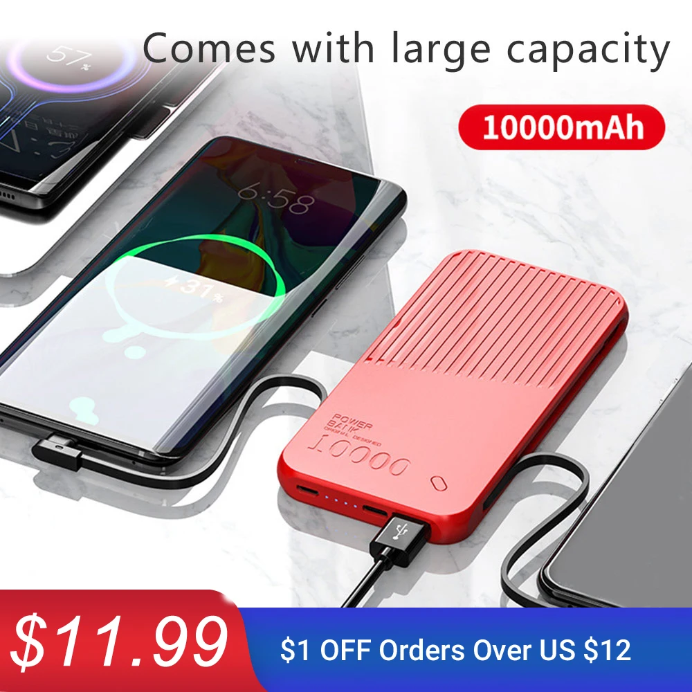 Ceny 10000mAh Power Bank podwójne kable USB bateria zewnętrzna dla iPhone 7 11 6 XR PowerBank dla Xiaomi Huawei przenośna ładowarka PoverBank