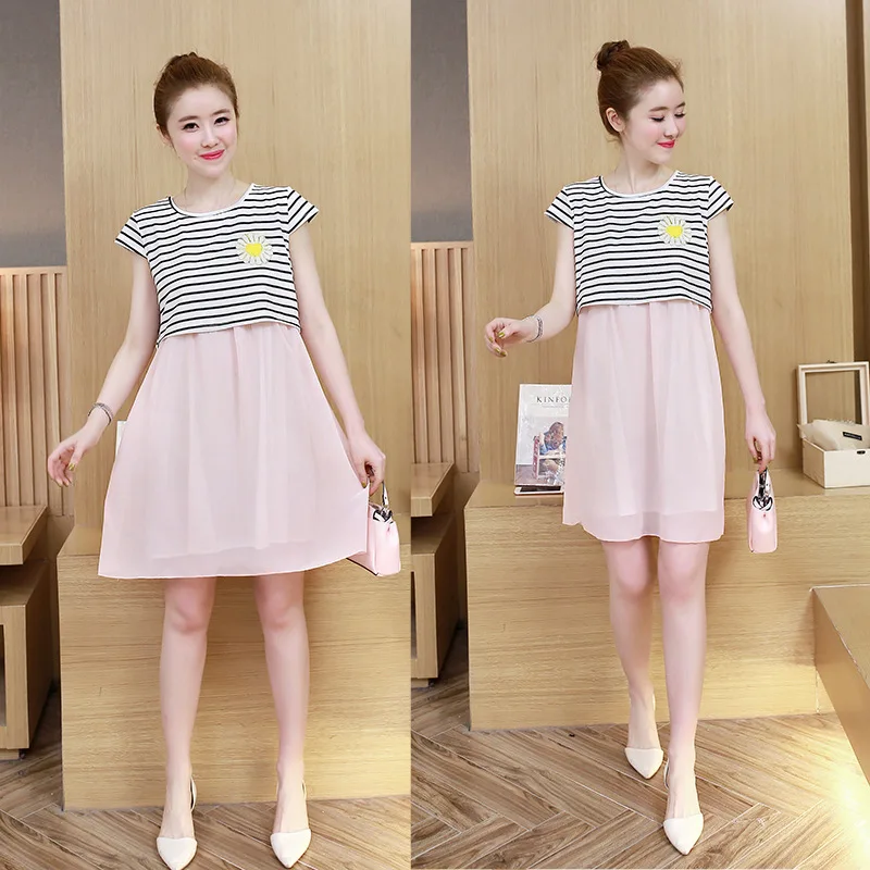 

2019 Maternity Clothes Cute Korean-Style Stripes Joint Chiffon Fake Two-Piece Pregnant Women Dress