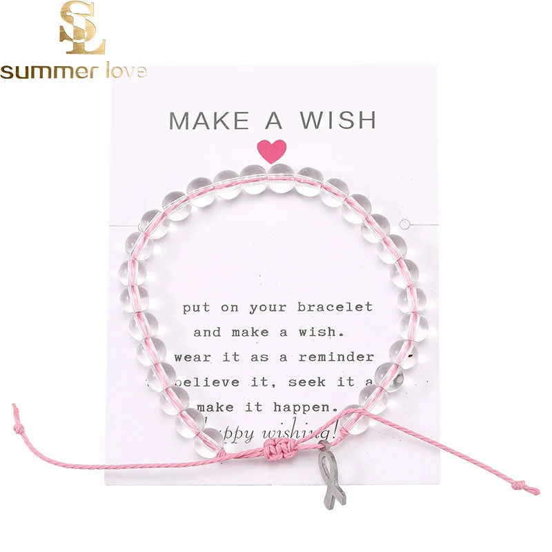 

New Arrival 2019 Stainless Steel Breast Cancer Awareness Charm Bracelet for Women Adjustable Jewelry Transparent Beads Jewelry