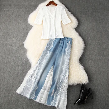 

TOP QUALITY Newest 2020 Stylish Runway Suit Set Women's V-Neck Short Sleeve Lace Blouse Shirt + Lace Patchwork Denim skirt Set