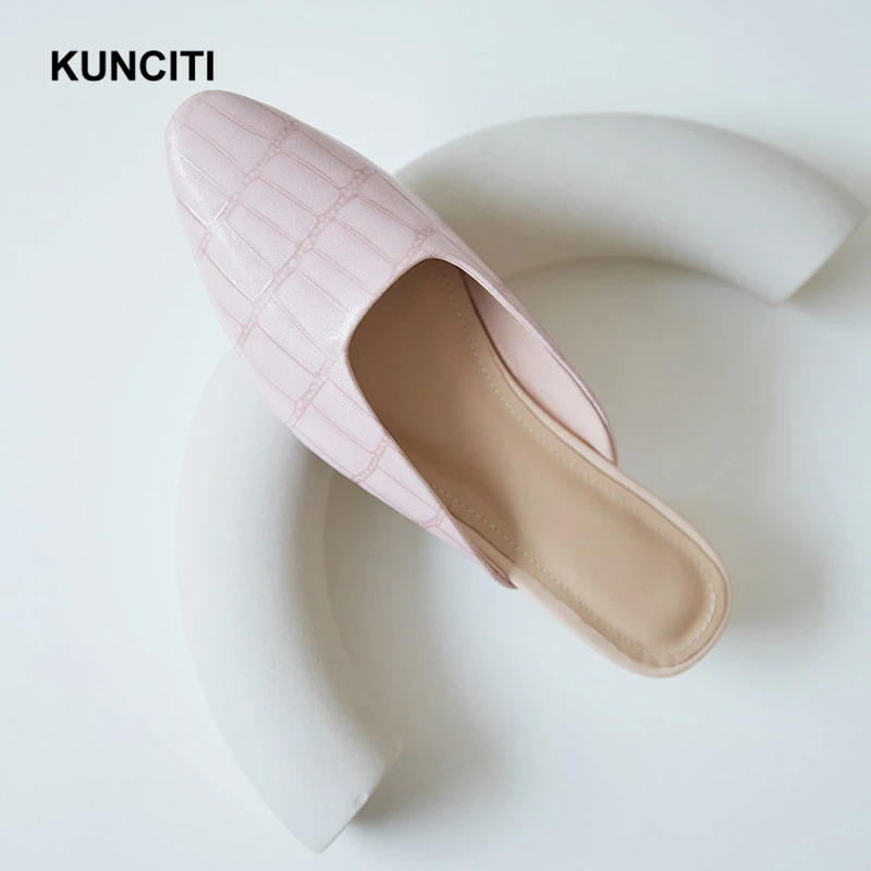 KUNCITI Designer Slippers Embossed Genuine Leather Low Heel Mules Outside Runway European Newest Shoes Fashion Online T002