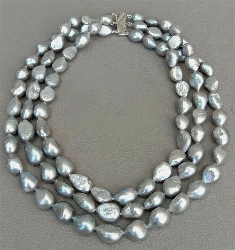 

HABITOO Rare Elegant Natural 3 Strands 12-13mm Gray Baroque Cultured Pearl Choker Necklace Jewelry 18-21 Inch 925 Silver Clasp