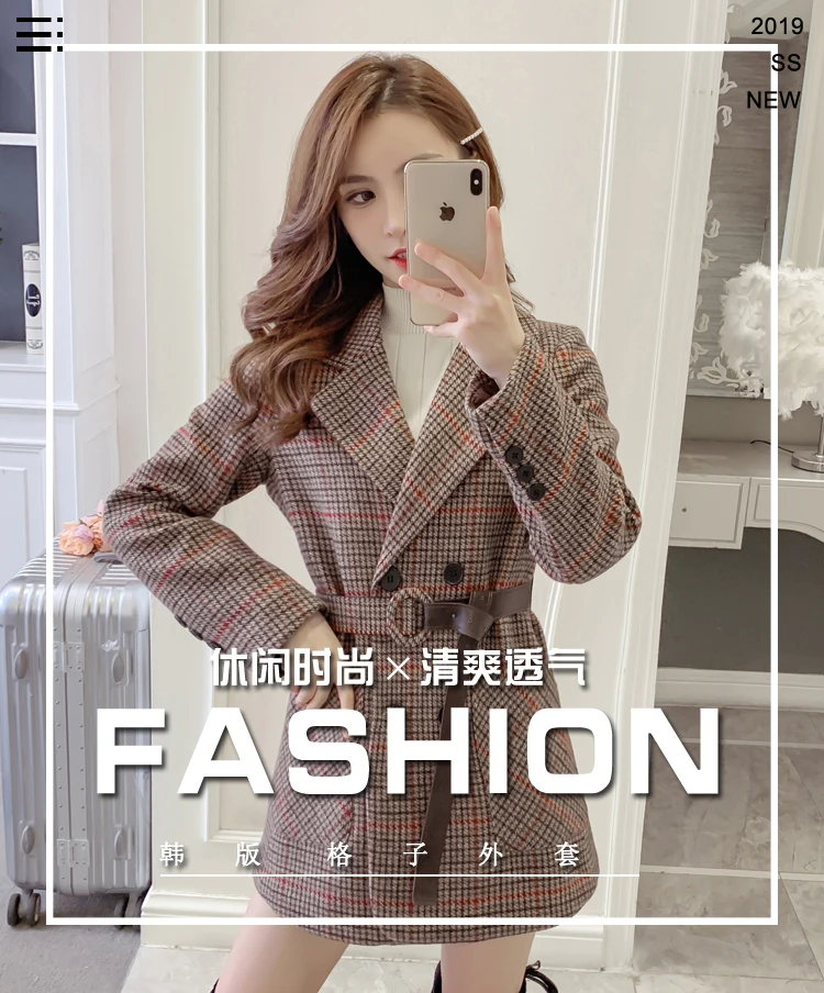 Blaser Femme, милый Блейзер, клетчатый костюм, пальто, офисный женский рабочий Топ, Осень-зима, уплотненный Повседневный Ретро розовый блейзер, куртка с поясом