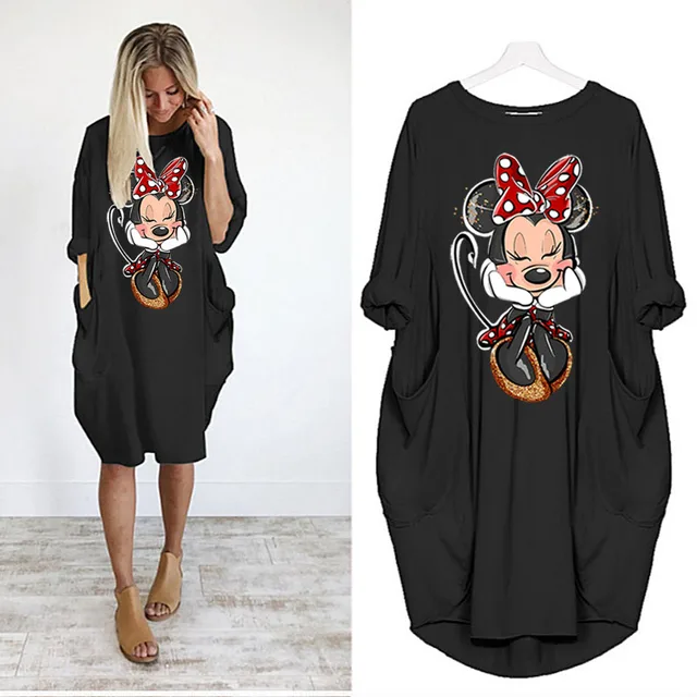 Disney Plus Size Midi Dress Long Sleeve Robe Casual Minnie Mickey Mouse Print Beach Loose Dresses Kawaii Sundress Women Clothing D002H1695 Black