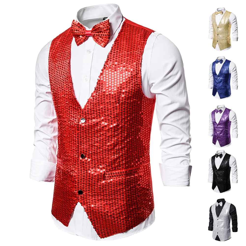 2020 New Design Men Sequins Pattern Glitter Embellished V-neck Blazer Vest Male Evening Party Suits Plus Size hot