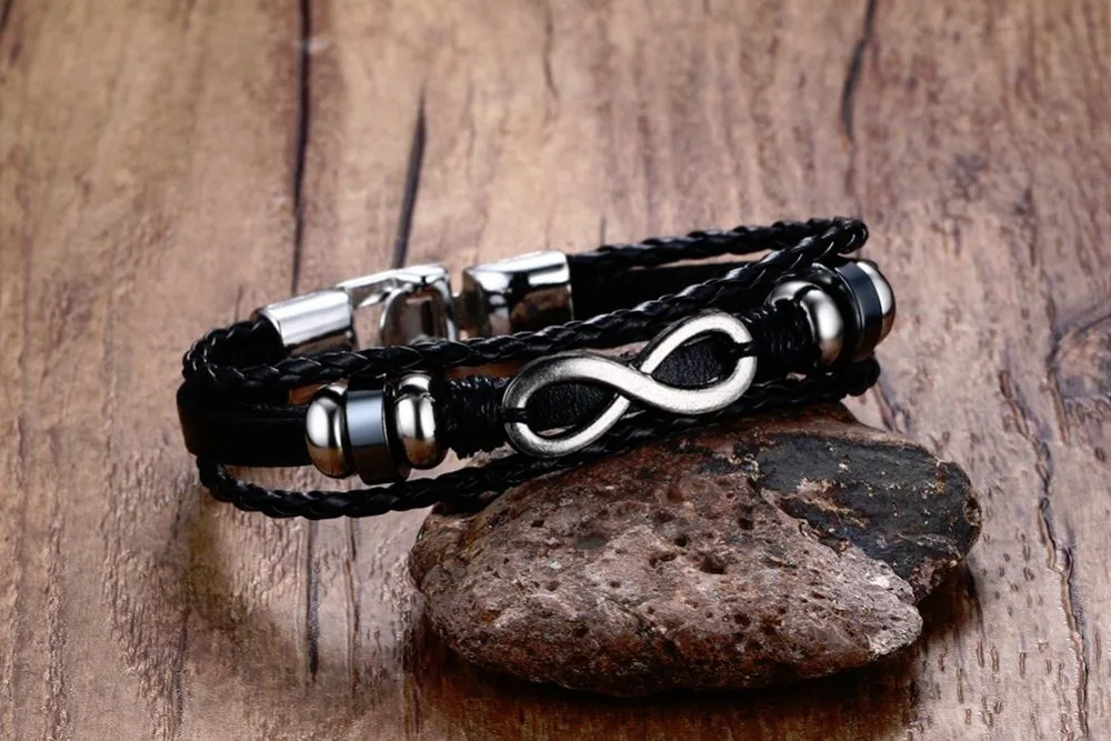 Mens Womens Bracelets Multistrand Leather Braided Rope Bracelet Infinity & Hematite Beaded Men Jewerly Wristband Wraps Bangle Vintage Jewelry Accessories Pulseira Masculina 19