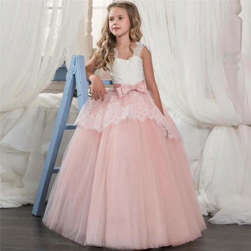 Кружевное платье для девочек элегантное платье принцессы длинное платье в пол, Детские платья для девочек, с цветочным узором, свадебное, вечернее платье детский выпускной вечер, Костюм с балетной юбкой - Цвет: Dress 3 Pink