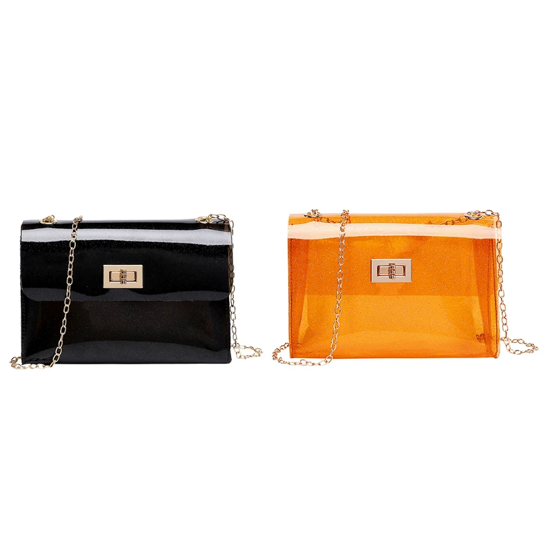 

2 Pcs Jelly Bag Shiny Candy Color Crossbody Handbag Girl Favorite Party Bag Messenger Shoulder Beach Bag,Black & Orange