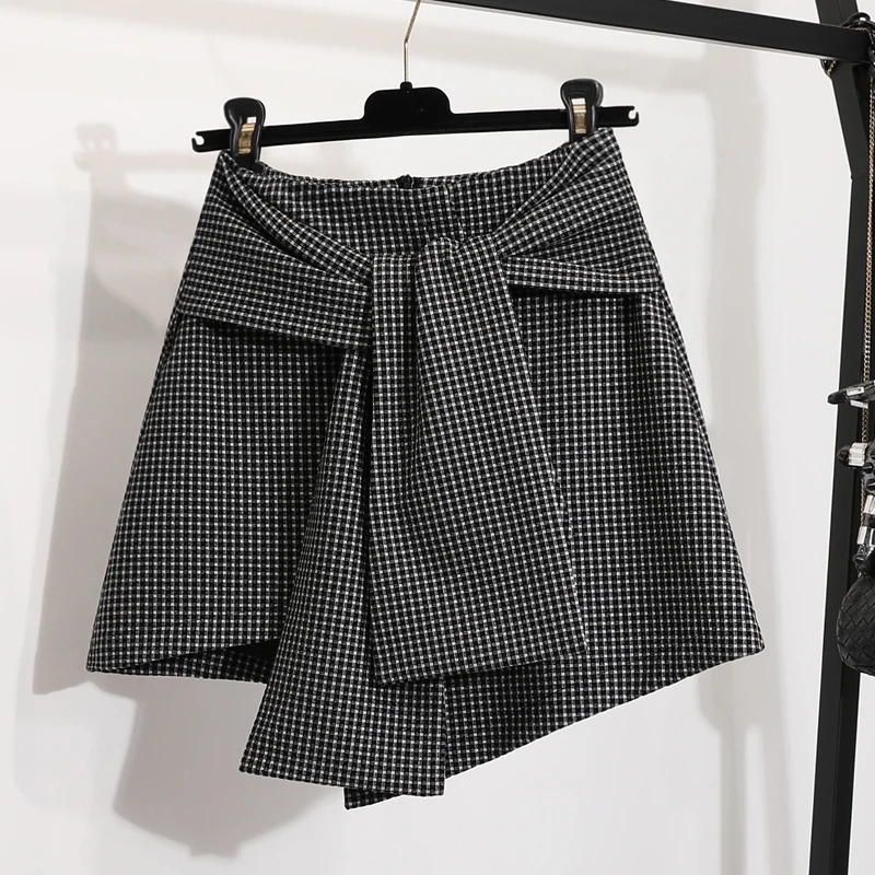 

Houndstooth Plaid Skirts Womens High Waist Short Skirt Woman Autumn Winter Irregular Straps One Step Wrapped Buttocks Skirt