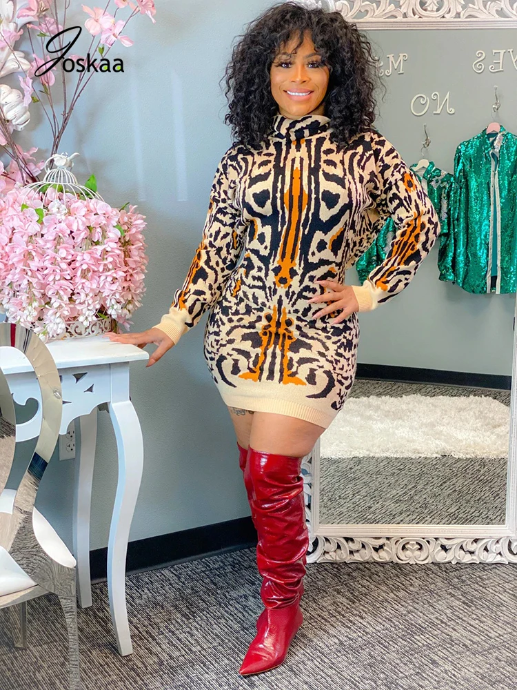 

Joskaa Ribbed Knitted Autumn Winter Clubwear Women Long Sleeve Turtleneck Leopard Print Sexy Bodycon Dress Warm Sweater ChicRobe