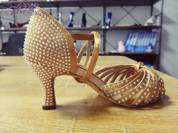 

Fashion Jazz Salsa Ballroom Latin Dance Shoes For Dancing Women Plus Size Latino Stylish High Heel Summer Sandal Tan Rhinestones