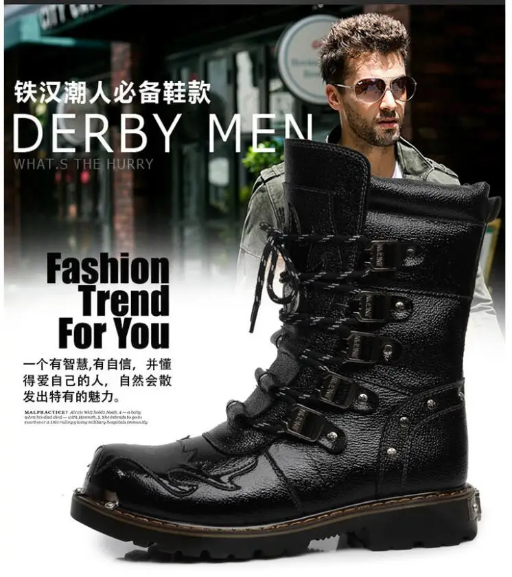 Мужские военные ботинки; ботинки в байкерском стиле из натуральной кожи; ботинки в стиле панк; Теплая обувь; рыцарские ботинки; Цвет Черный; армейские ботильоны