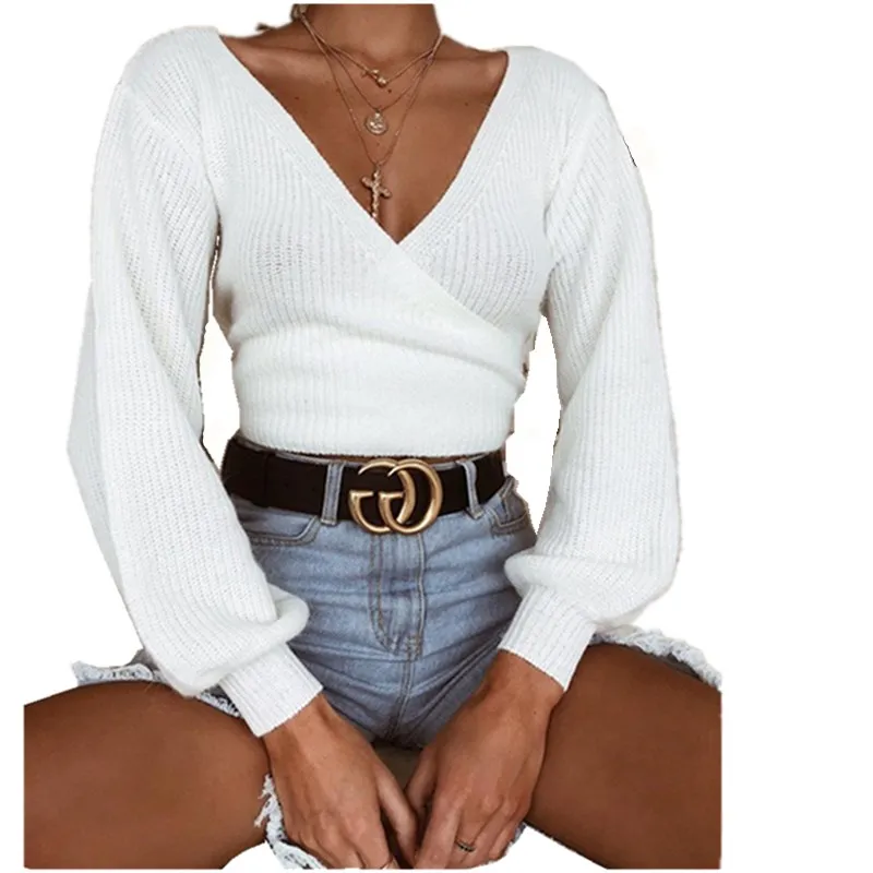 

Autumn And Winter Sweaters tops Loose Slim Sweater pullover 2019 Casual solid Fashion White Long Sleeve V-neck Women Clothing