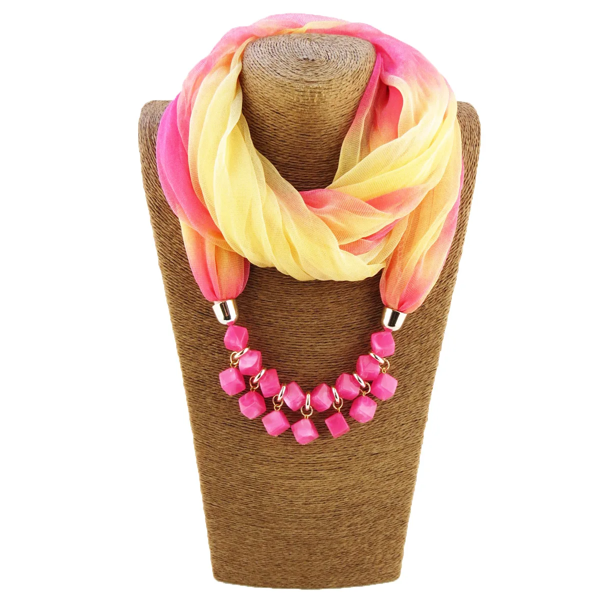 H9f81d01ba63b482a843bb73fce420d93D Fashion Lady Gradient Color Silk Scarf Ring Simple Bead Pendant Necklace Ring Scarf Multi-style Lady Muslim Head Scarves Hijabs Mallzona