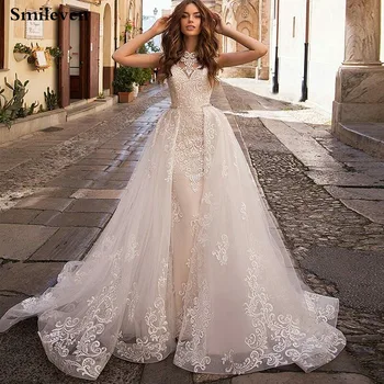 

Smileven Lace Mermaid Wedding Dress With Detachable Train Appliqued Lace Neck Boho Bride Dresses Robe De Mariee