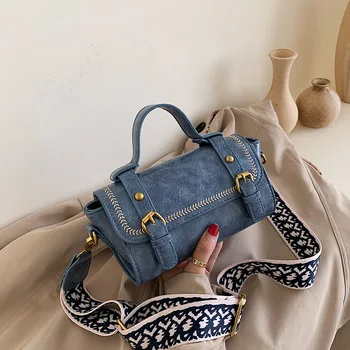 

Belt Decoration Handbag Women's Fashion Boston Bags Wide Shoulder Strap Single Shoulder Bag Ladies Crossbody PU Messenger Bag