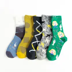 5 пар в партии, модные уличные женские Мультяшные хлопковые носки с геометрическим рисунком в полоску, женские забавные носки, японский