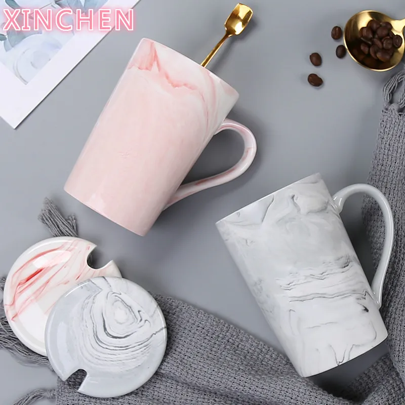 

XINCHEN Creative Personality Cup Ceramic Mug with Lid Spoon Girl Nordic Ins Simple Couple A Pair of Coffee Cups
