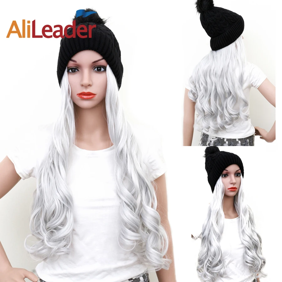 

Alileader 21 Inches Navy Cap Hair Wig Synthetic Soft Curly Hair Extension Black Silver Elastic Knit Hat Wigs For Girl Women