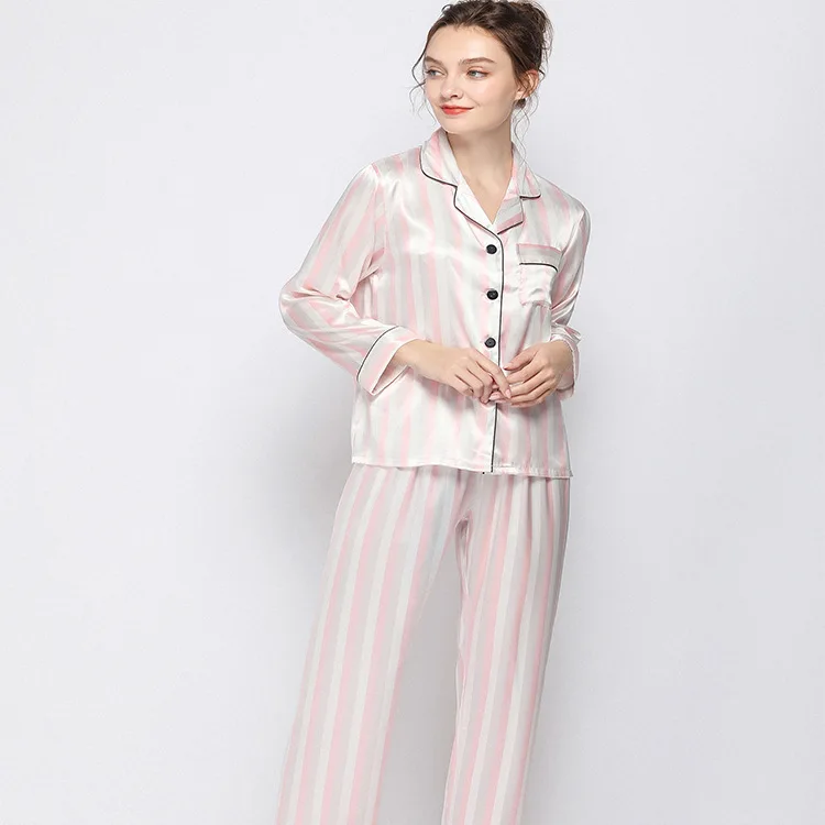Imitate Real Silk Pajamas Striped Woman Lovely Long Sleeve Trousers Twinset Comfortable Pajama Set | Женская одежда