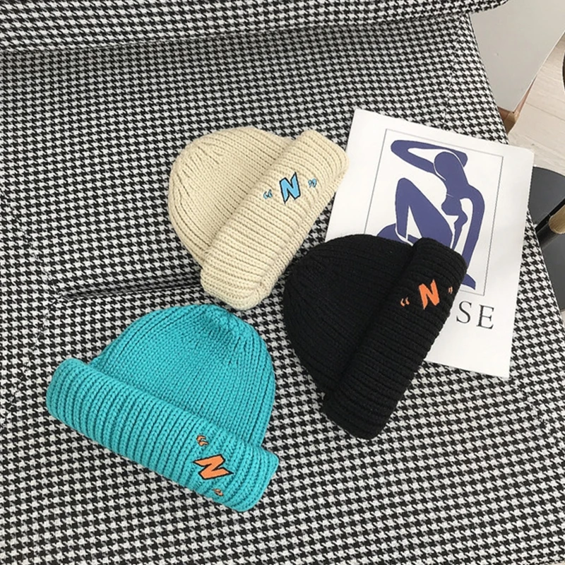

Unisex Winter Knit Beanie Hat Candy Color Letter Embroidery Docker Skull Cap X5XA