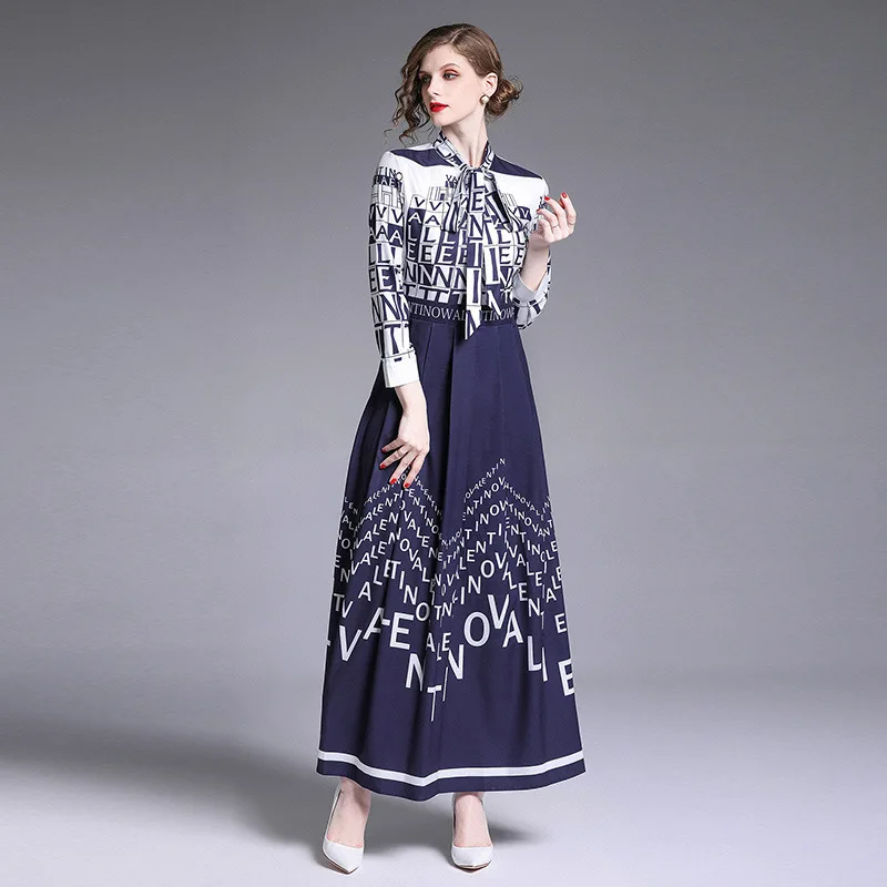 

2019 Western Style WOMEN'S Dress Elegant Bow Collar Versitile Fashion Printed Explicit Thin Long Dress